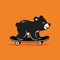 Fototapeta premium Cute cartoon polar bear riding a skateboard on orange background. Fun animal illustration with playful style, perfect for kids design, apparel, stickers, posters, and modern lifestyle concepts.