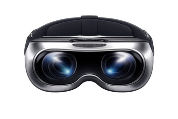 Virtual reality headset showing glowing lenses, representing immersive digital experiences, gaming, and future technology, on transparent background