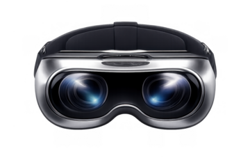 Virtual reality headset showing glowing lenses, representing immersive digital experiences, gaming, and future technology, on transparent background