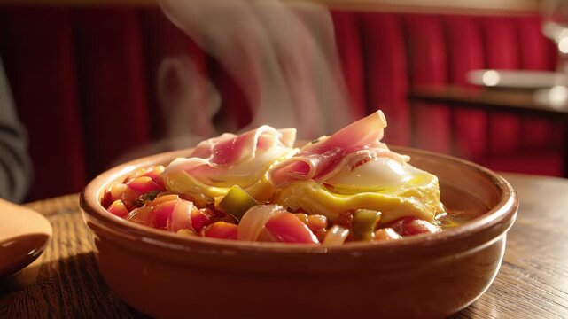 Piperade Basquaise:  Basque pepper-onion-tomato saut&eacute; with folded eggs and slivers of jambon de Bayonne, olive oil sheen