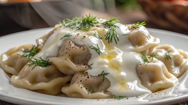 Hot meat dumplings with sour cream and dill on white plate. Warm lighting, steaming hot. Traditional Eastern European food.