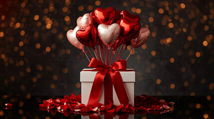 Valentine&rsquo;s Day Gift Box with Heart Balloons and Red Ribbon, Love Present Display with Rose Petals on Dark Background, Holiday Greeting Concept for Romance and Celebration