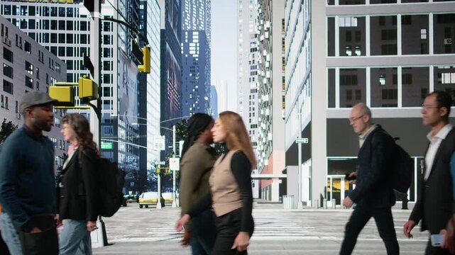 Multiethnic crowd of pedestrians moving through the metropolitan streets, dynamic flow of multicultural community, realistic street life and the active routine of city life. Camera A.