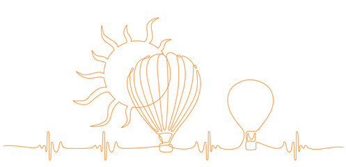 continuous line of balloons and sun on white background, vector image