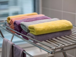 Simple Stainless Steel Drying Rack Holding Colorful Towels Minimal Practical Laundry Home Solution