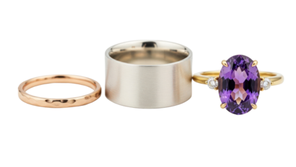 Three rings: gold band, silver band, amethyst ring, isolated on transparent background