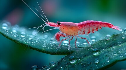 Macro close up shrimp grazing on algae covered leaf underwater ecosystem wildlife nature detail