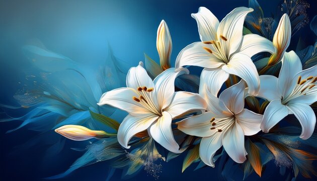 white lilies on a blue background flowers for a wedding or funeral ceremony ai generated