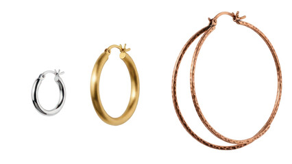 Three Hoop Earrings Variety: Silver, Gold, Rose Gold, Isolated on Transparent