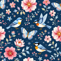 Butterfly Bird and Floral Seamless Repeat
