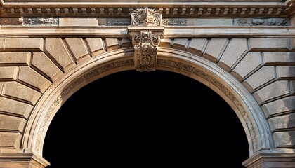 historic stone arch and ornate architectural details of ancient european building facade