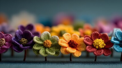 Colorful crochet flowers arranged neatly in row with soft bokeh background handmade craft artistry