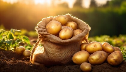 freshly harvested potatoes in a burlap sack in a sunlit garden field