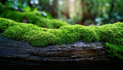 a lush green moss texture on an ancient forest log soaked with rainwater conveying the richness and mystery of a rainforest