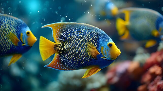 School of angelfish gliding through soft blue aquarium light tranquil underwater scene harmony beauty nature