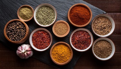 overhead shot of various spices in bowls