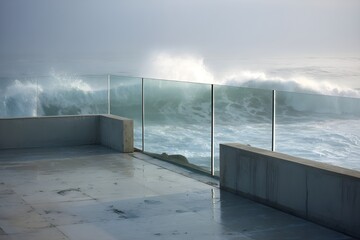 Minimalist glass balustrade on concrete oceanfront platform perspective modern architecture coastal design safety elegance serenity