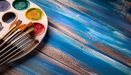 paintbrushes and palette arranged on a rustic wooden surface
