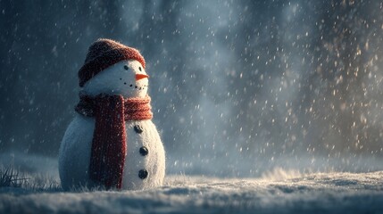 Snowman wearing red scarf amidst dense snowfall soft cinematic light capturing festive spirit