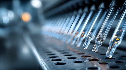 Rows of precision glass pipettes on metal rack shallow depth of field laboratory detail