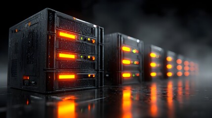 Stacked enterprise firewalls with illuminated ports smooth reflective surface high-tech data security
