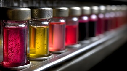 Rows of centrifuge tubes filled with gradient liquids in steel rack scientific precision analysis