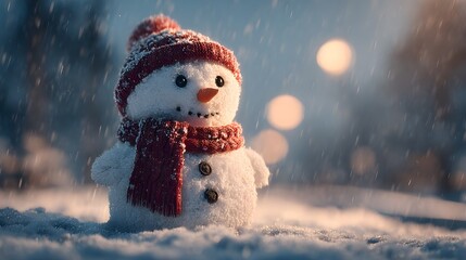 Snowman wearing red scarf in dense snowfall soft cinematic light winter holiday charm