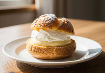 たっぷりクリームと粉糖が美味しそうな贅沢シュークリーム