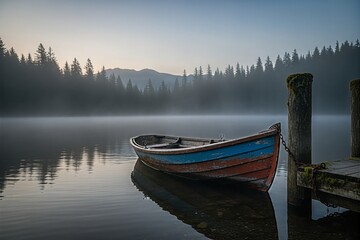 Obraz premium Old wooden boat floats peacefully on a misty lake at dawn, reflecting the serene forest and distant mountains under a soft, tranquil sky.