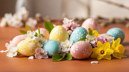 Springtime Easter Eggs Display: A vibrant assortment of pastel-colored Easter eggs, delicately adorned with floral designs, are nestled amidst fresh spring blossoms.