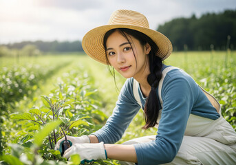 陽光が降り注ぐ豊かな農園でナスの収穫を楽しむ麦わら帽子の女性