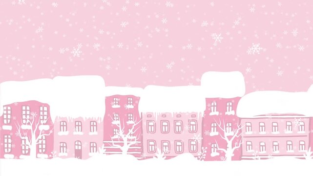 Winter Town under Snowing. Animation. Seamless Border. Snow-covered Houses. Christmas Background. Winter Landscape. Pink Houses, Trees, Snowflakes. Winter Video in Pink, White