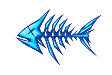 Stylized blue fish bone graphic symbol showing sharp, metallic texture. Concept of pollution, danger, and marine life issues