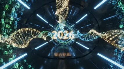 2026 Digital Future: Abstract Animated Tunnel with Binary Code DNA Strands - Powered by Adobe