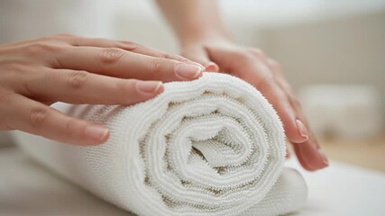Female adult hands meticulously rolling a soft white towel on a clean surface. This action suggests preparation for a relaxing spa treatment or careful home organization