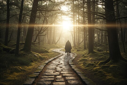 Solitary figure in a dark cloak walks along a winding stone path through a mystical, moss-covered forest bathed in golden sunlight and ethereal mist. - Powered by Adobe