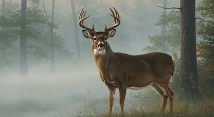 A majestic buck stands in a foggy forest its antlers prominent against the misty backdrop