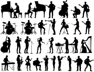 Set of silhouettes of people playing musical instruments © まこと