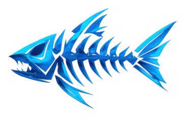 Blue fish skeleton rendering showing predatory bones and sharp teeth. Marine life concept on transparent background