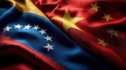 Flags of Venezuela and China displayed together on fabric during a political or cultural event in 2023
