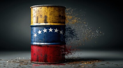 Rusty oil drum with Venezuelan flag colors breaks apart on dark background