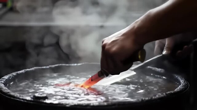 Blacksmith tempering hot metal piece in water bath for hardness process and cooling