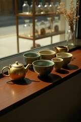 Fototapeta premium Golden teapots and ceramic tea bowls are elegantly arranged on a sunlit wooden surface, casting long shadows and creating a serene atmosphere for a traditional tea ceremony.