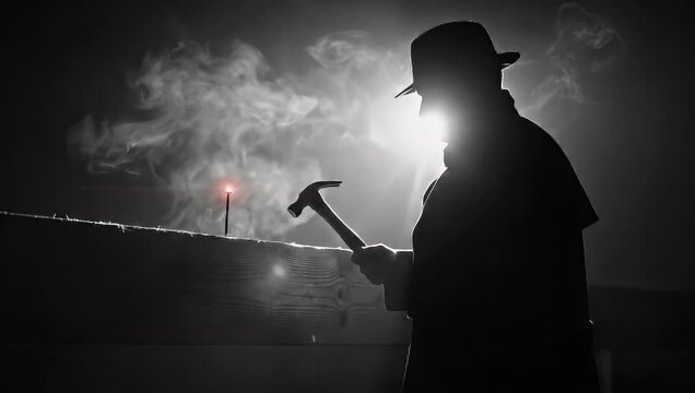 Mysterious Figure with Hammer Silhouette Crafting in Dramatic Black and White Setting