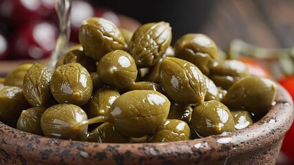 Closeup shot of fresh green capers being prepared in a rustic bowl with a clear liquid being poured over them highlighting their vibrant color and culinary use as a gourmet ingredient for Mediterrane.