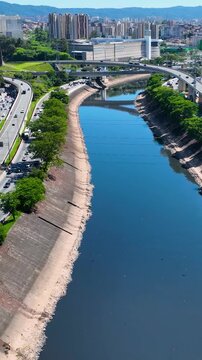 Traffic Road In Marginal Tiete Sao Paulo Brazil. Stunning Landscape Of Highway Road Viewed From Above. Metropolitan Landscape Buildings Awesome. Metropolitan Town. Marginal Tiete Sao Paulo.