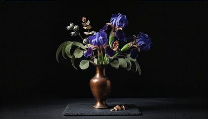 Purple irises and eucalyptus bouquet in a rustic copper vase on a dark slate coaster, creating a dramatic still life arrangement with elegant floral beauty. © ColdFire