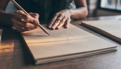 Close up of a person writing or drawing in a notebook with a pencil on a wooden table.