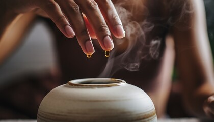 Closeup of a hand dripping essential oil into a ceramic diffuser creating a calming and aromatic atmosphere for relaxation and wellness.