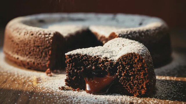 Delicious chocolate lava cake with a rich molten center. Powdered sugar is delicately sprinkled over the decadent dessert. Perfect for a sweet treat or special occasion